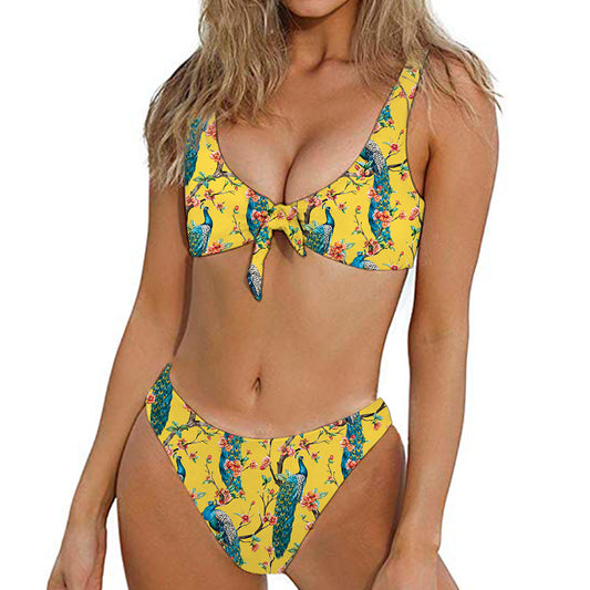Vintage Watercolor Peacock Print Front Bow Tie Bikini
