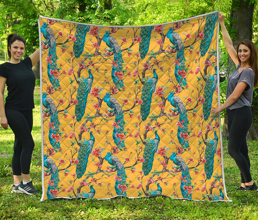 Vintage Watercolor Peacock Print Quilt