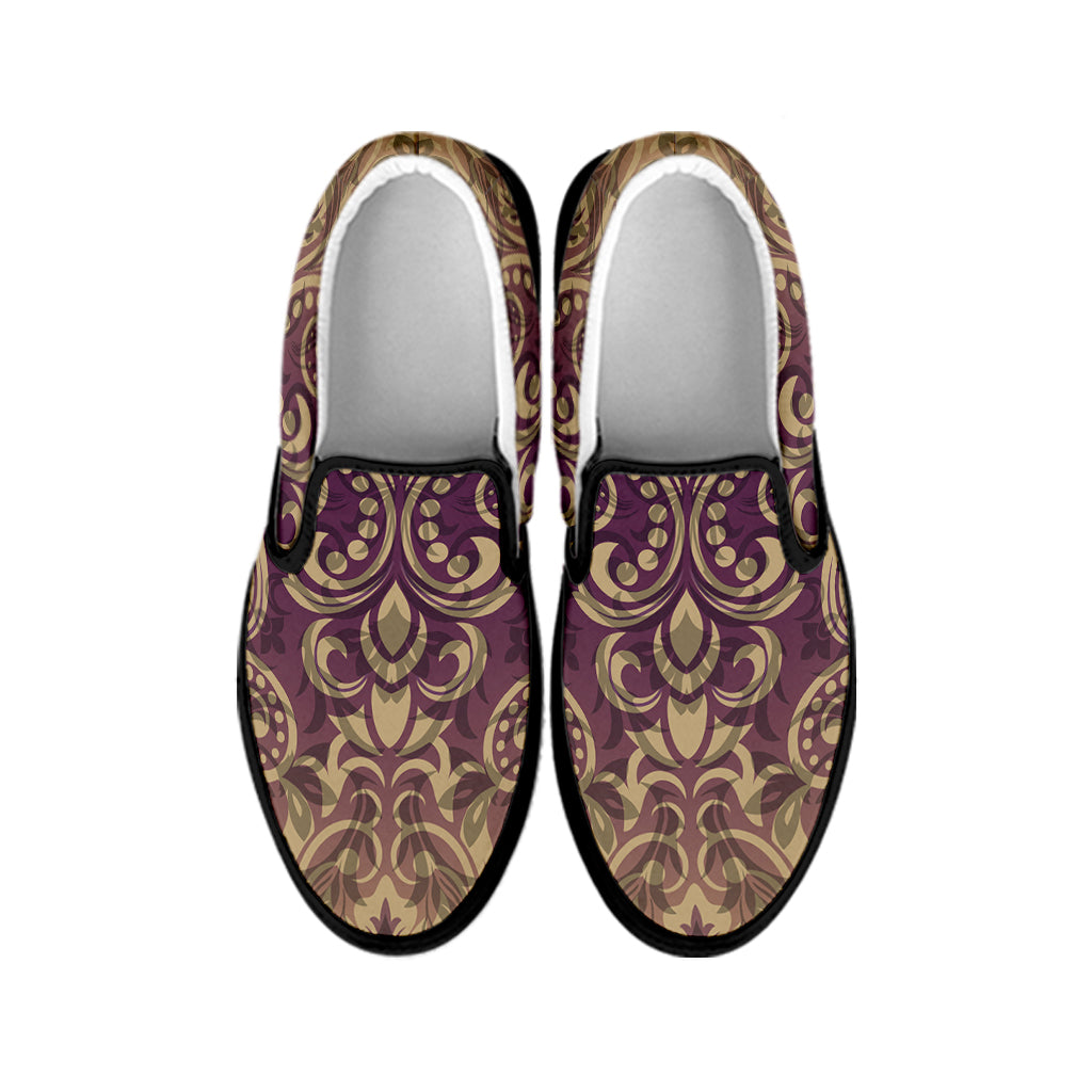 Vintage Western Damask Floral Print Black Slip On Shoes