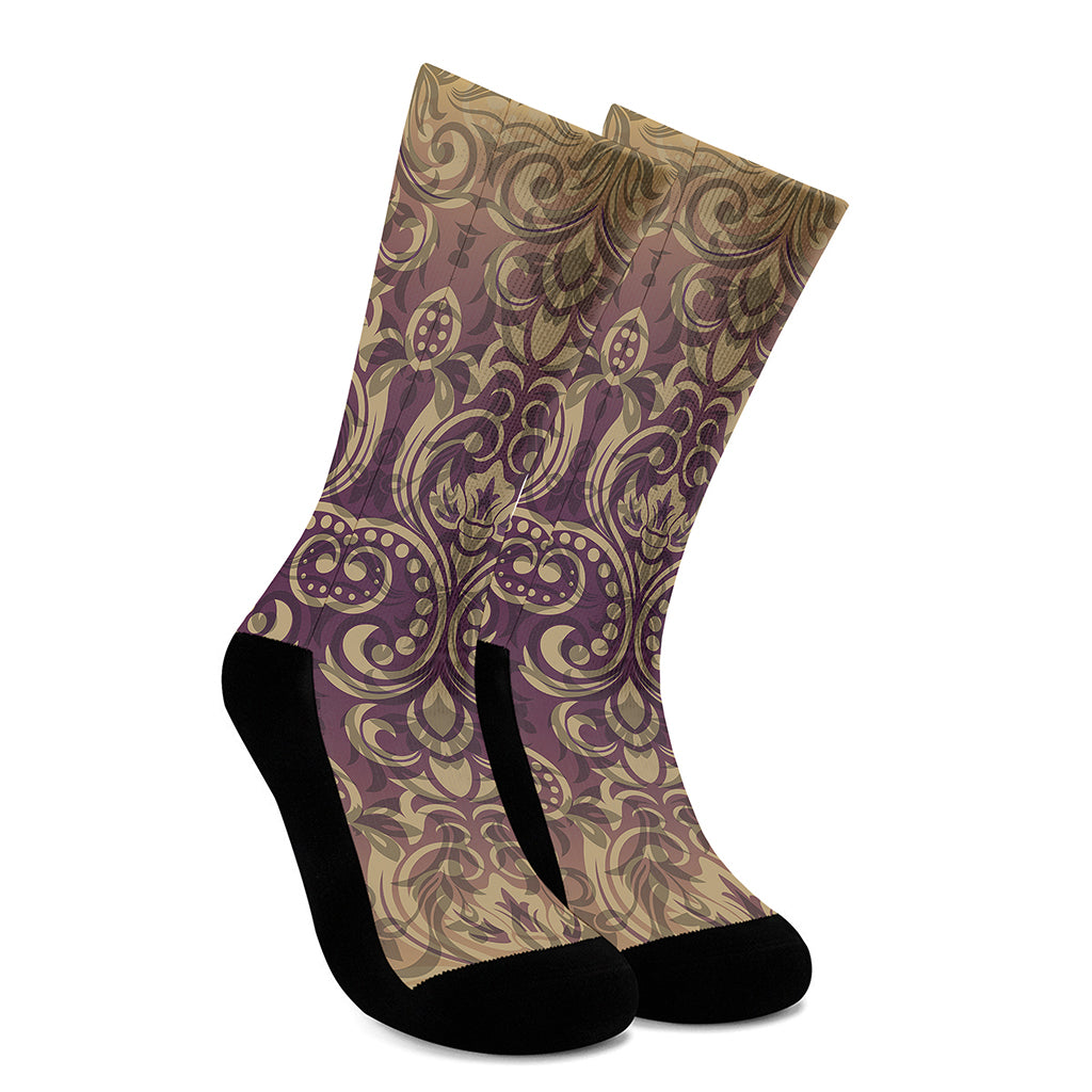 Vintage Western Damask Floral Print Crew Socks