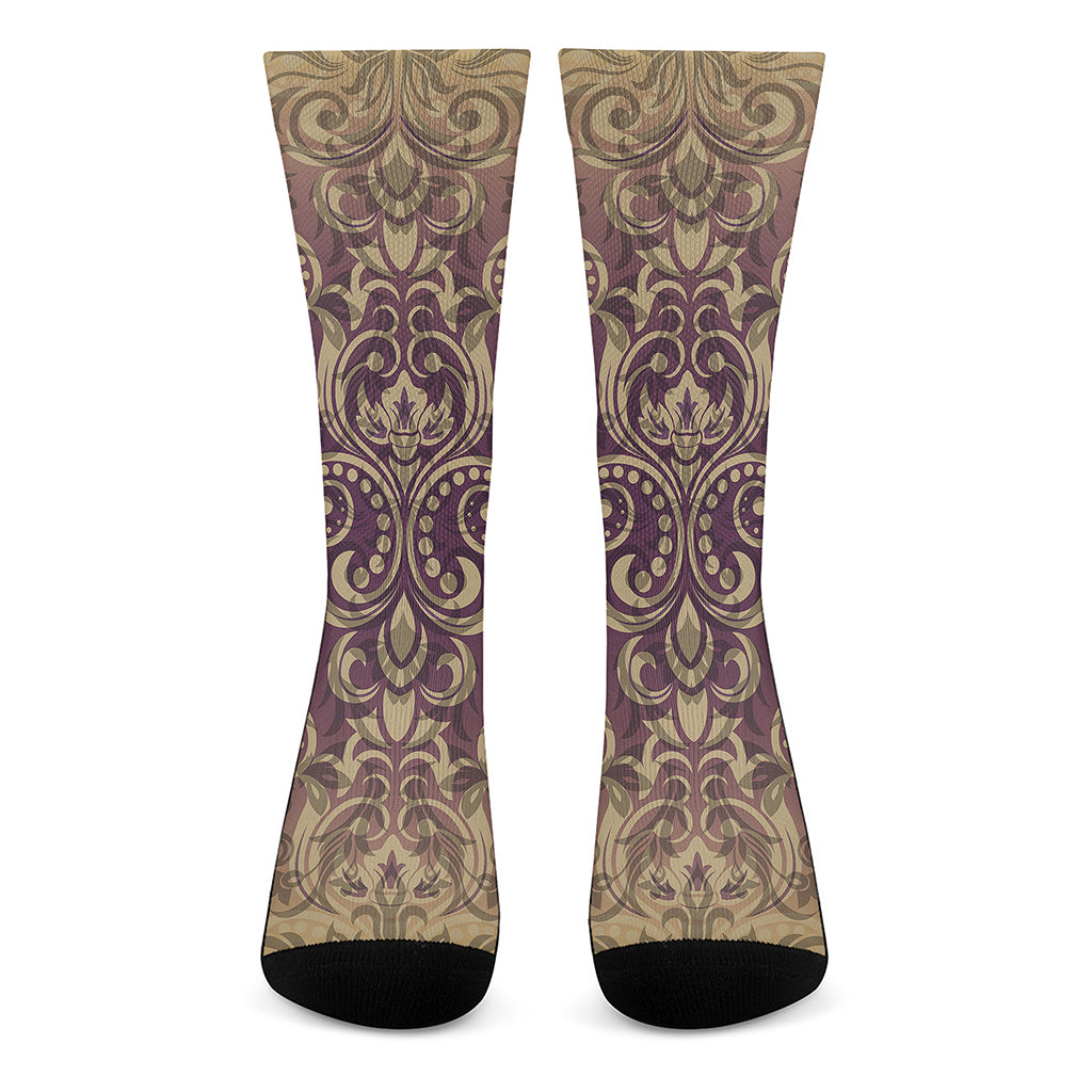 Vintage Western Damask Floral Print Crew Socks