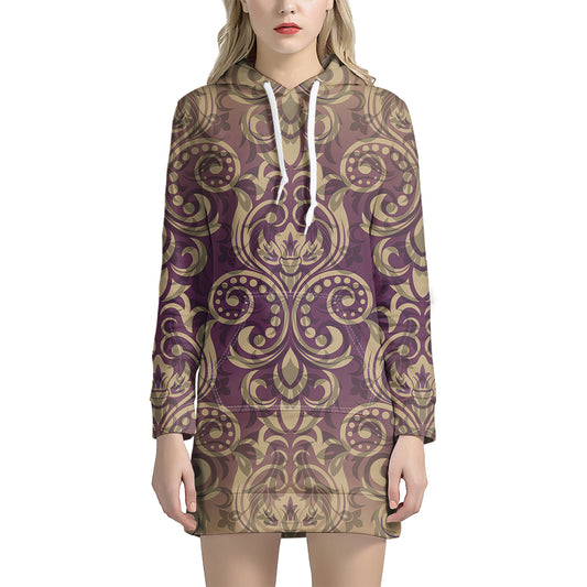 Vintage Western Damask Floral Print Hoodie Dress