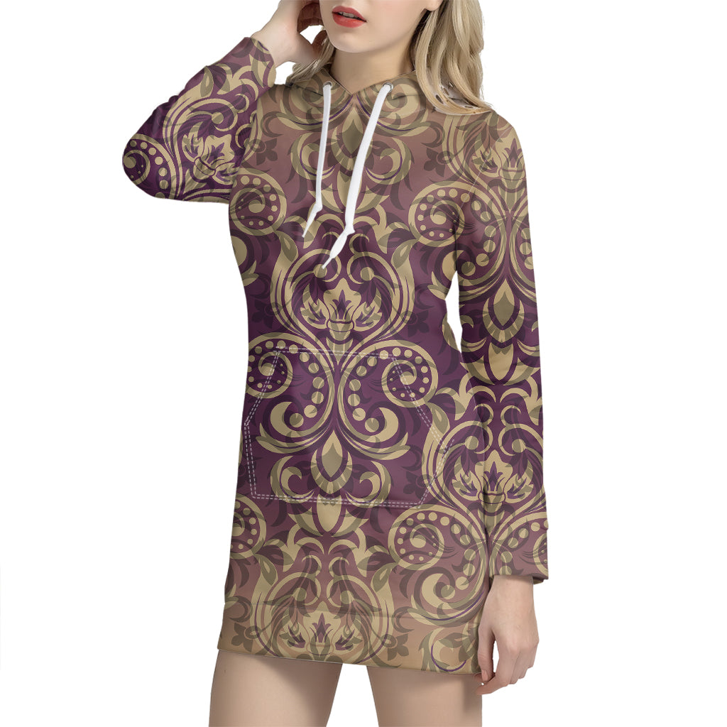 Vintage Western Damask Floral Print Hoodie Dress