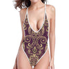 Vintage Western Damask Floral Print One Piece High Cut Swimsuit