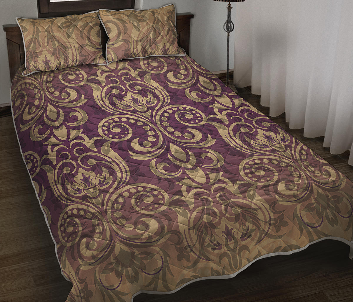 Vintage Western Damask Floral Print Quilt Bed Set