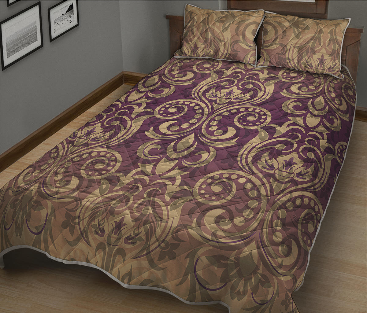 Vintage Western Damask Floral Print Quilt Bed Set