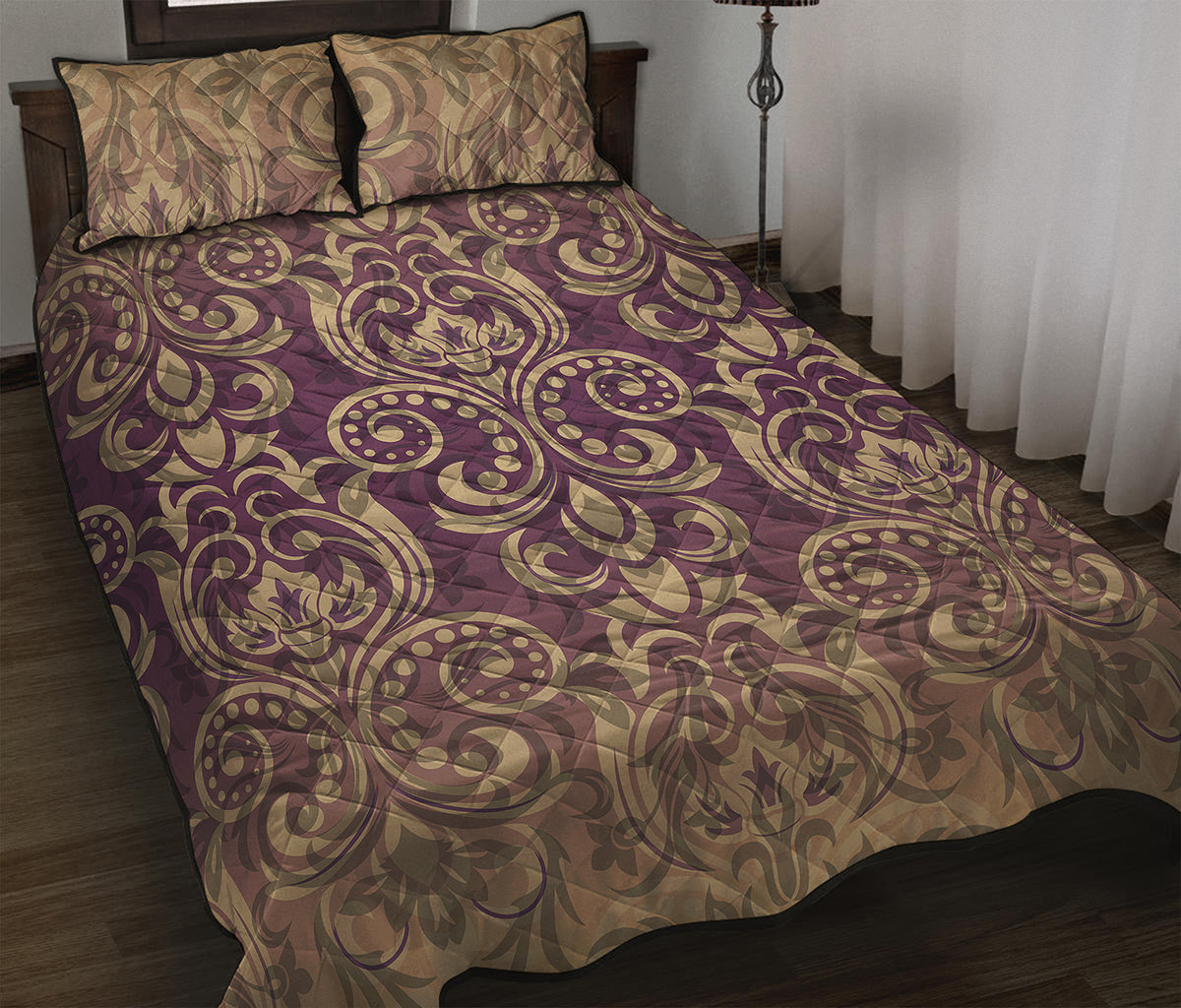 Vintage Western Damask Floral Print Quilt Bed Set