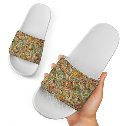 Vintage Wicca Tarot Card Print White Slide Sandals