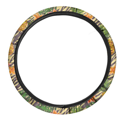 Vintage Zebra Pineapple Pattern Print Car Steering Wheel Cover