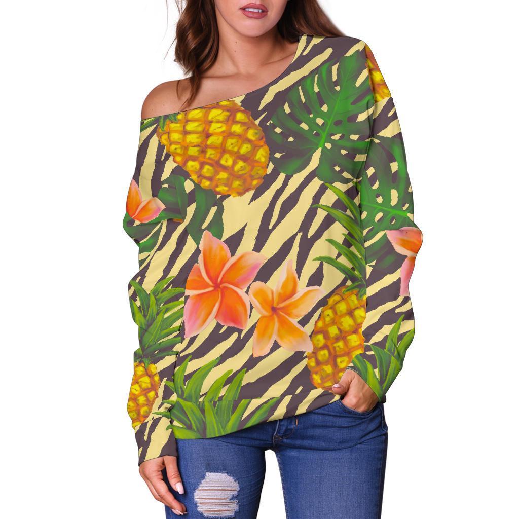 Vintage Zebra Pineapple Pattern Print Off Shoulder Sweatshirt GearFrost
