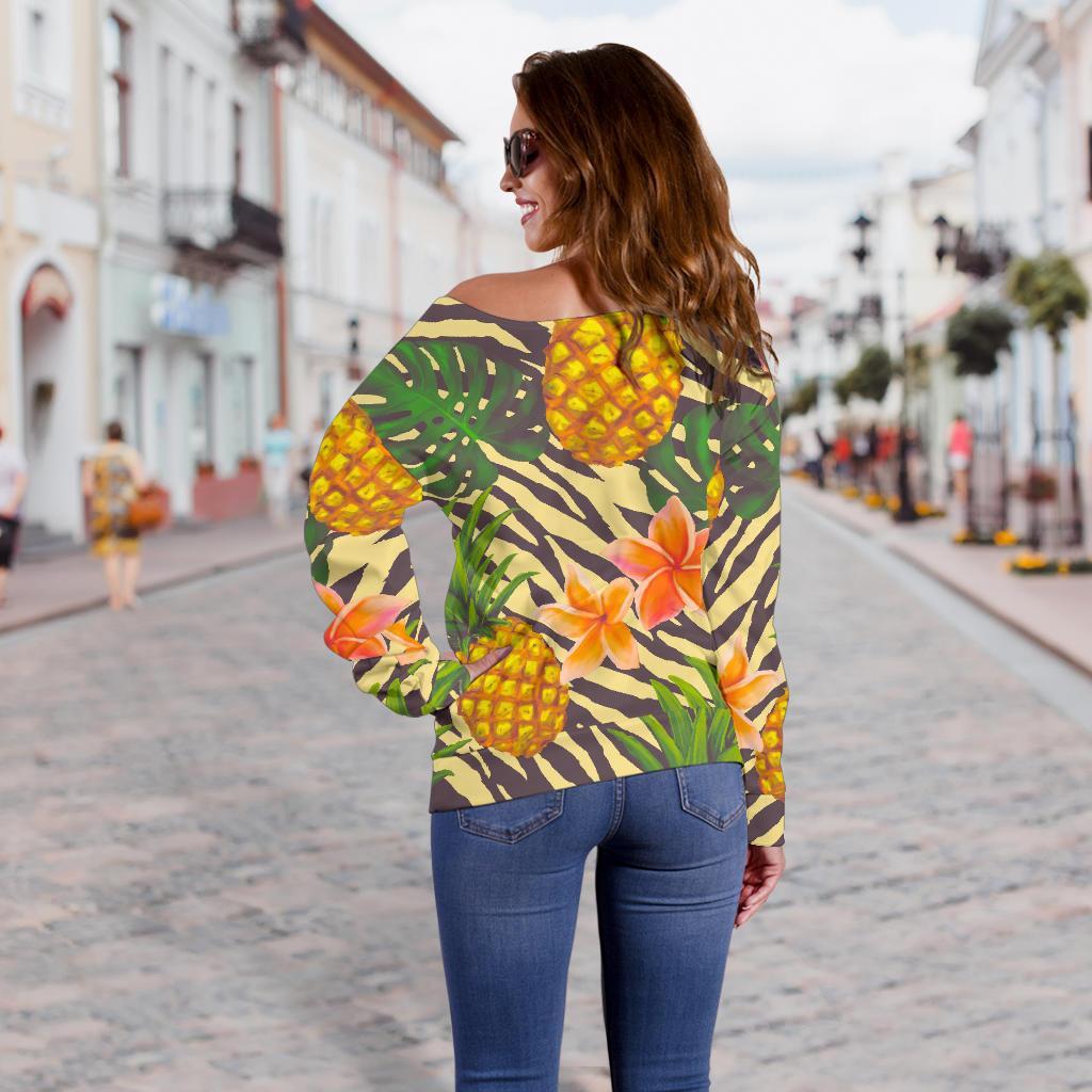 Vintage Zebra Pineapple Pattern Print Off Shoulder Sweatshirt GearFrost
