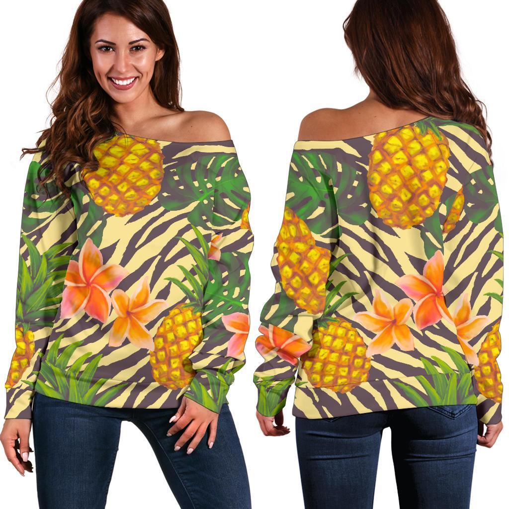 Vintage Zebra Pineapple Pattern Print Off Shoulder Sweatshirt GearFrost