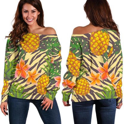 Vintage Zebra Pineapple Pattern Print Off Shoulder Sweatshirt GearFrost