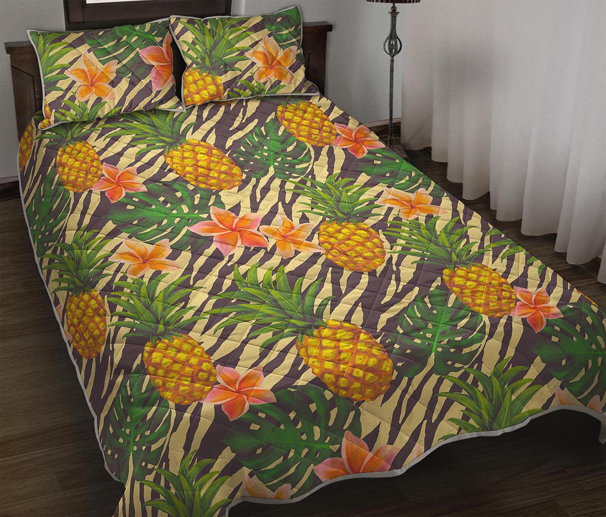 Vintage Zebra Pineapple Pattern Print Quilt Bed Set