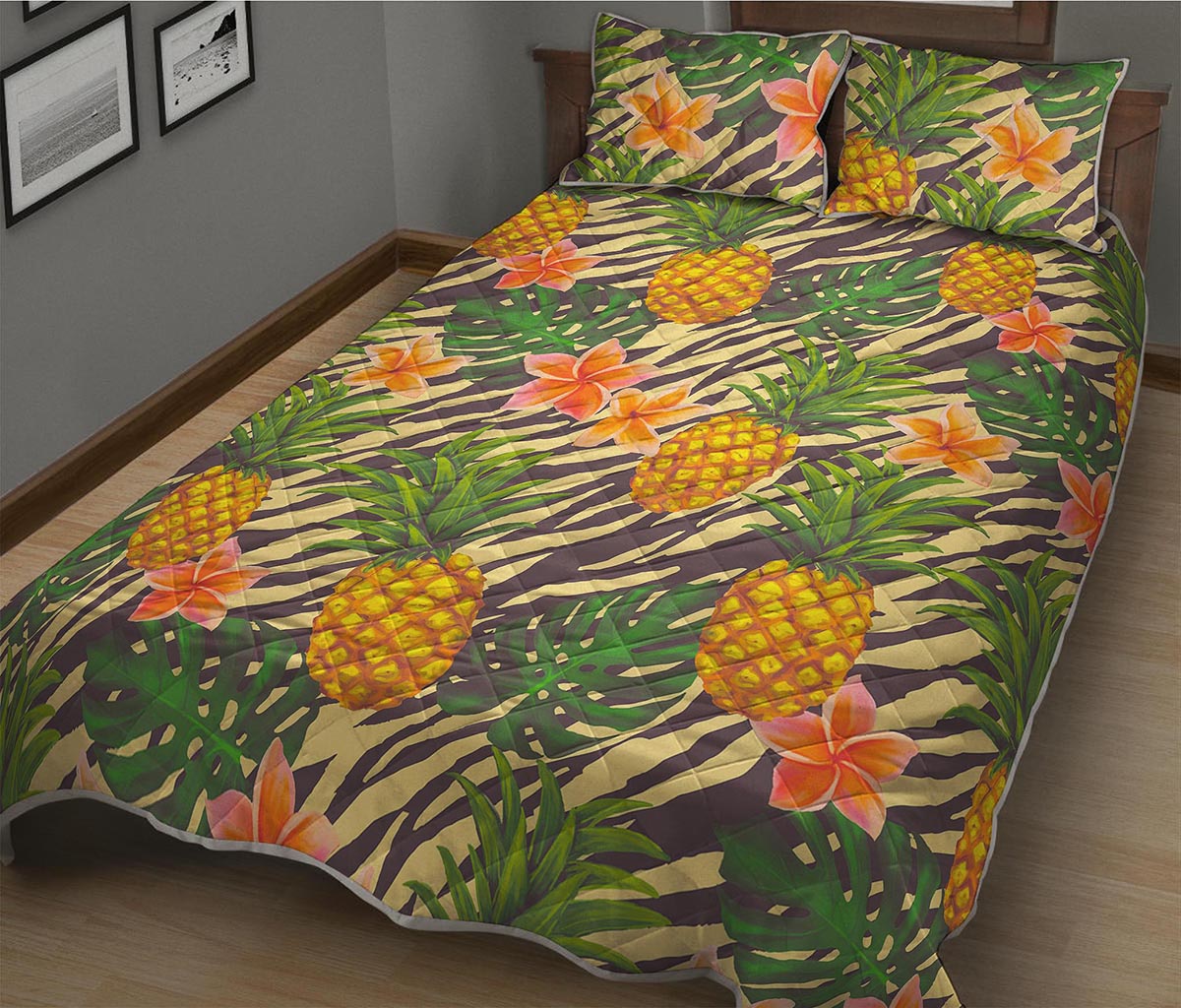 Vintage Zebra Pineapple Pattern Print Quilt Bed Set
