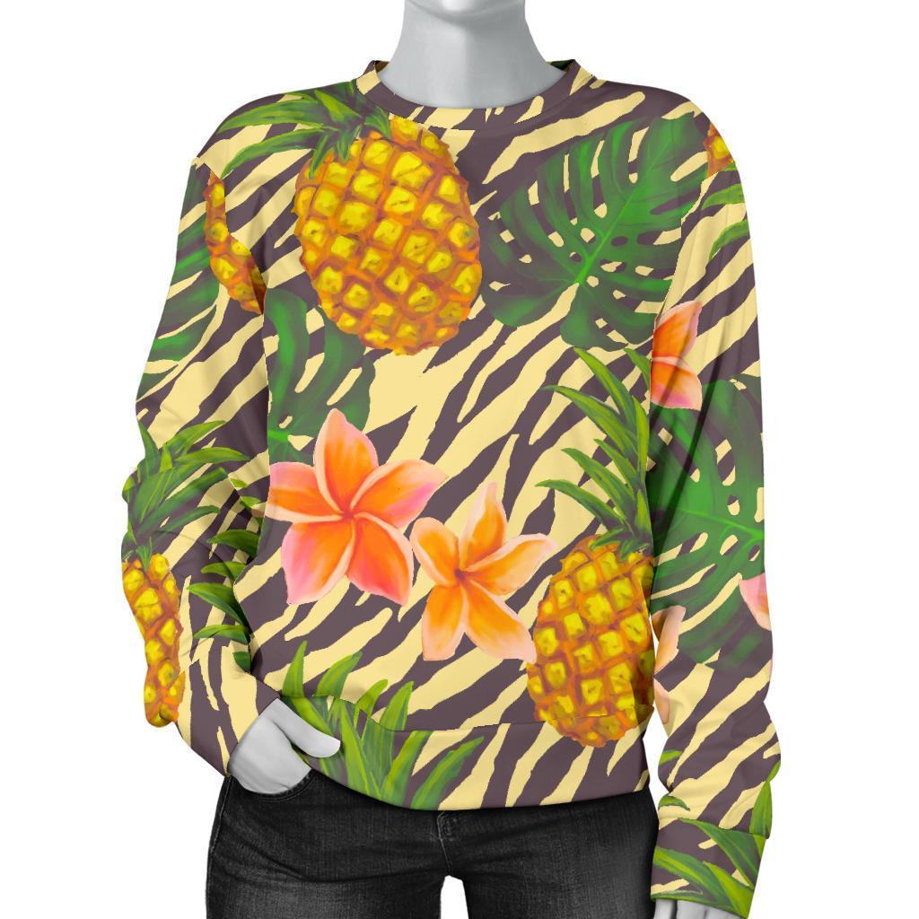 Vintage Zebra Pineapple Pattern Print Women's Crewneck Sweatshirt GearFrost