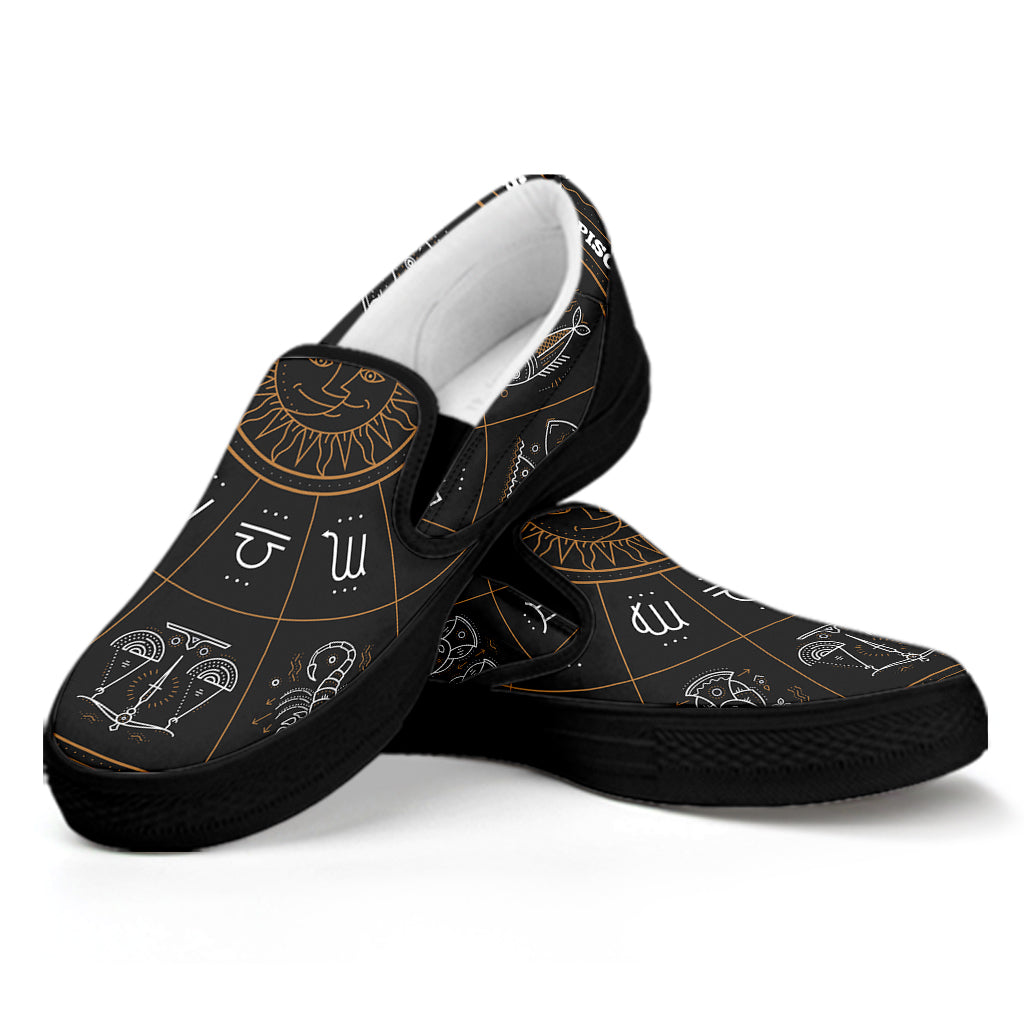 Vintage Zodiac Circle Print Black Slip On Shoes