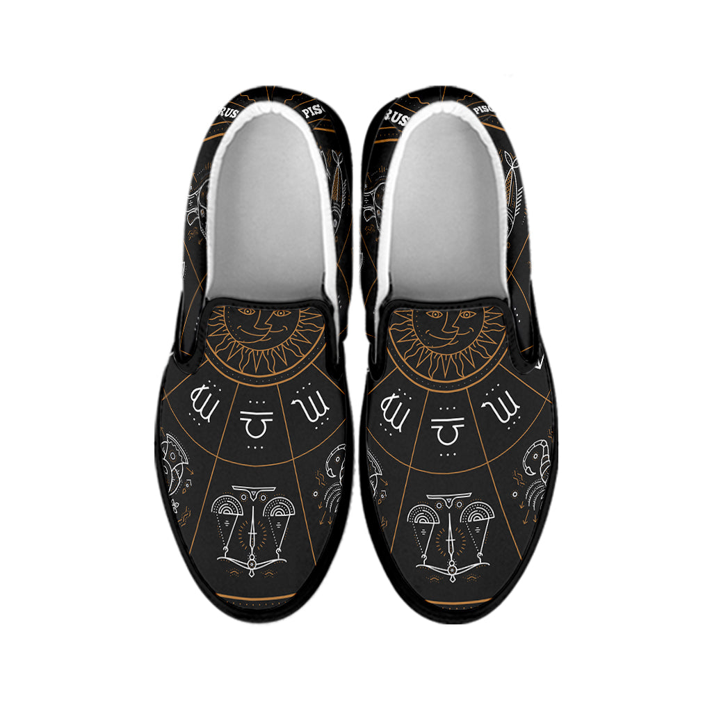 Vintage Zodiac Circle Print Black Slip On Shoes