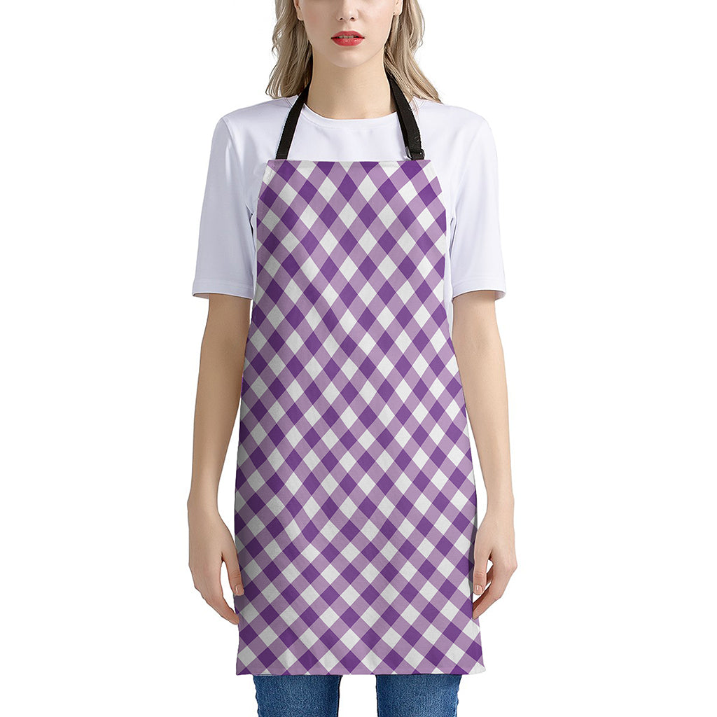 Violet And White Gingham Pattern Print Apron