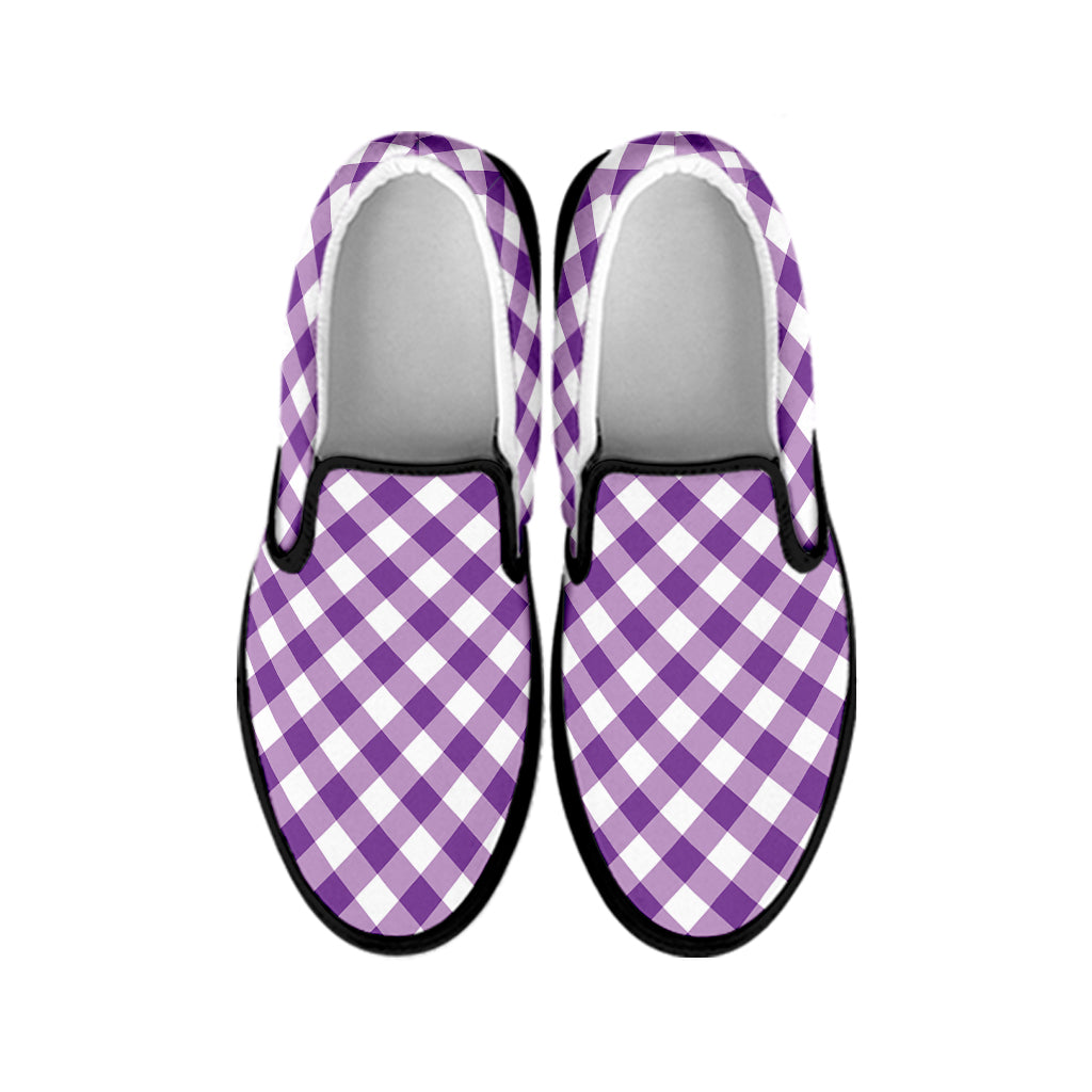 Violet And White Gingham Pattern Print Black Slip On Shoes