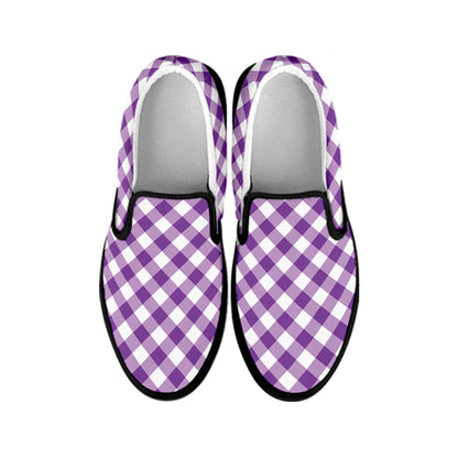 Violet And White Gingham Pattern Print Black Slip On Shoes
