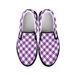 Violet And White Gingham Pattern Print Black Slip On Shoes