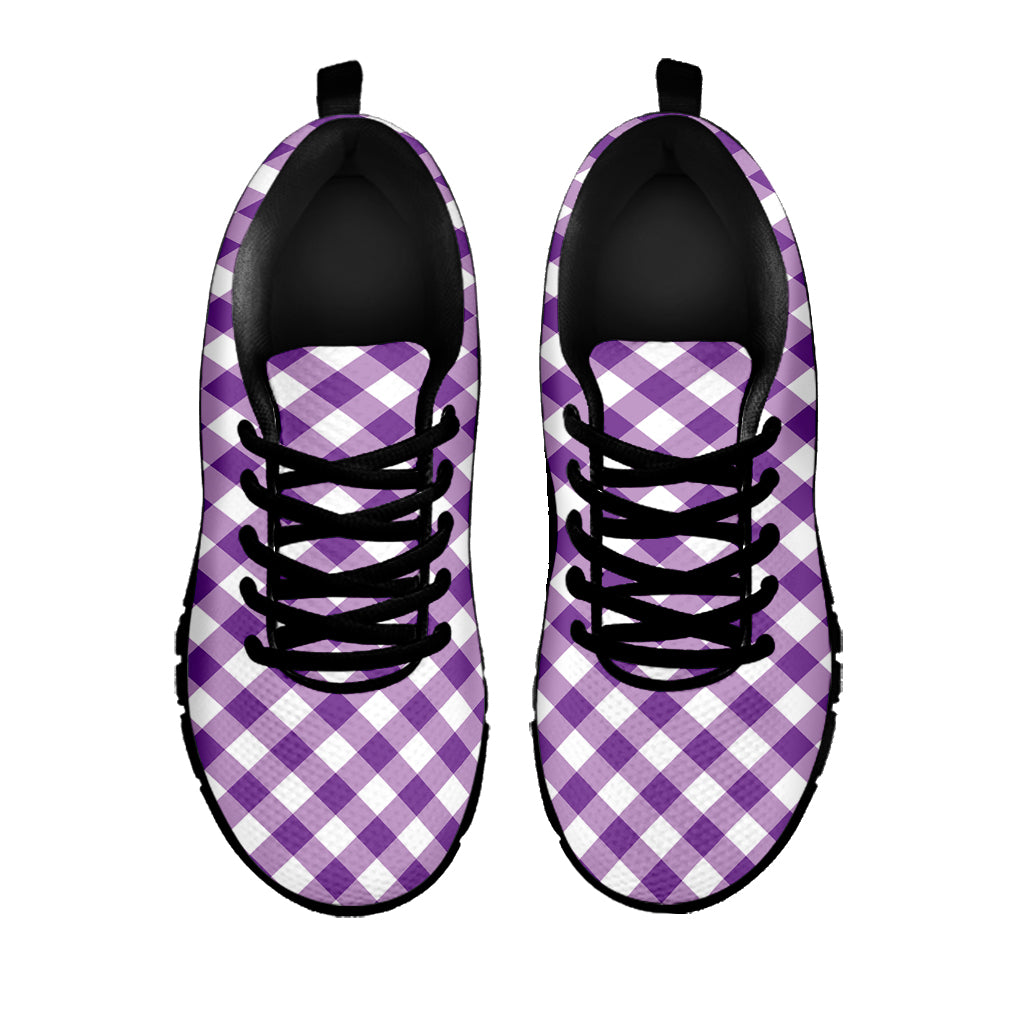 Violet And White Gingham Pattern Print Black Sneakers