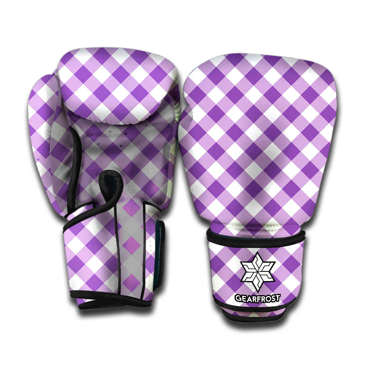 Violet And White Gingham Pattern Print Boxing Gloves