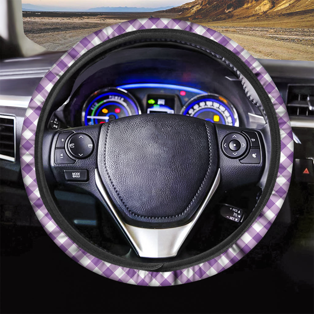 Violet And White Gingham Pattern Print Car Steering Wheel Cover