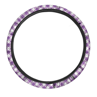 Violet And White Gingham Pattern Print Car Steering Wheel Cover