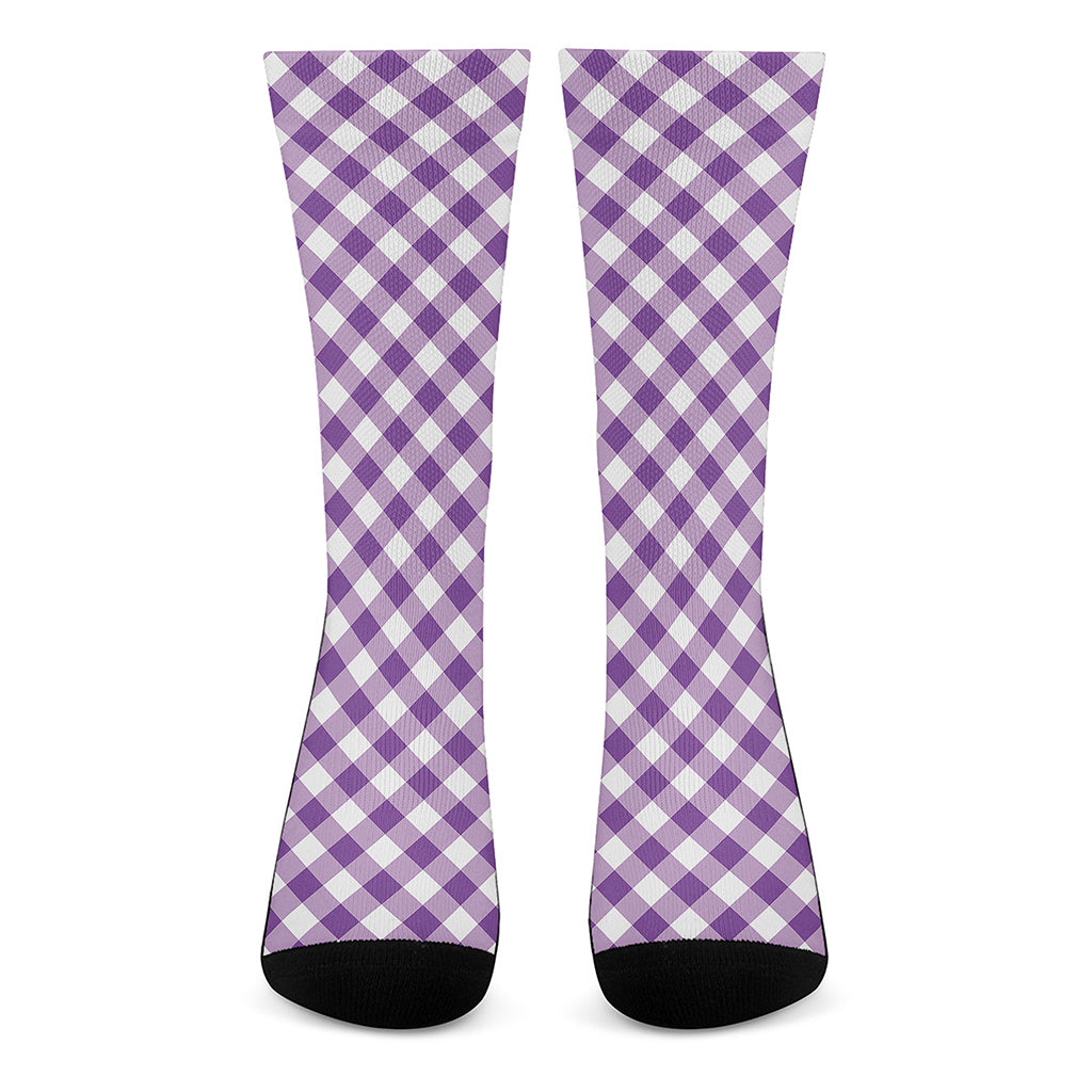 Violet And White Gingham Pattern Print Crew Socks