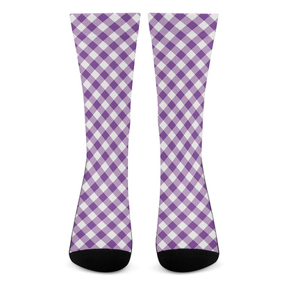 Violet And White Gingham Pattern Print Crew Socks