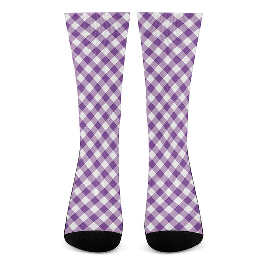 Violet And White Gingham Pattern Print Crew Socks