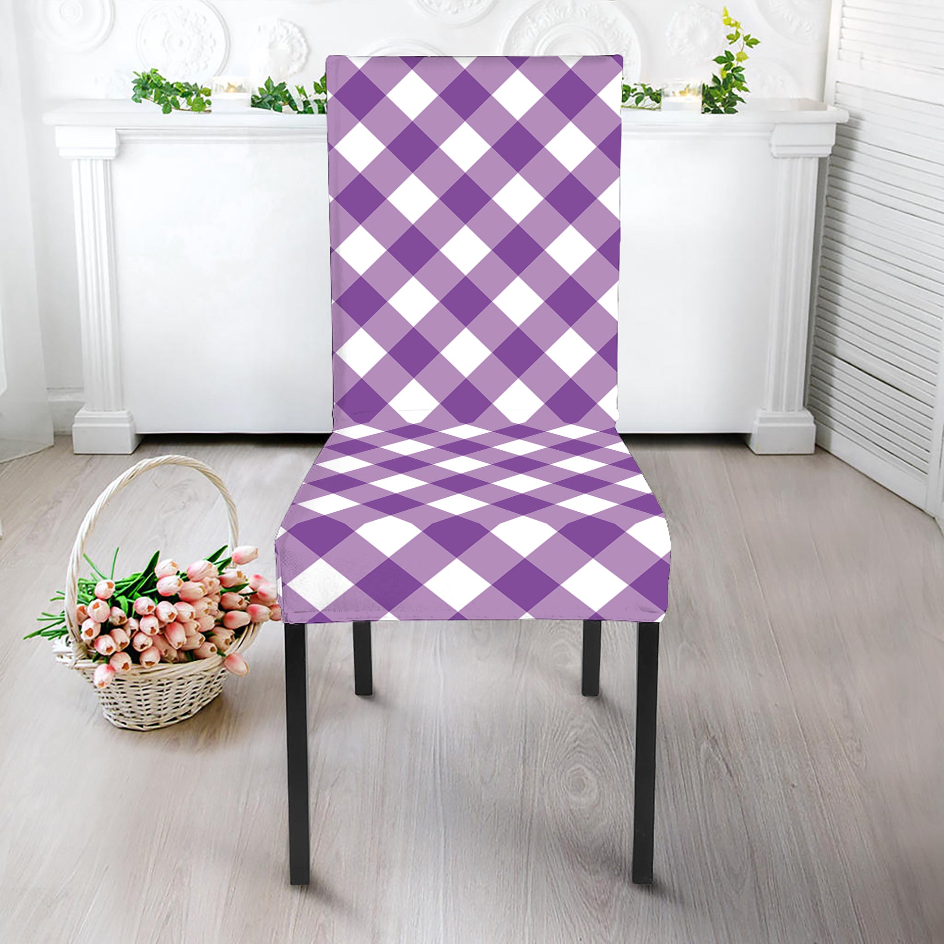 Violet And White Gingham Pattern Print Dining Chair Slipcover