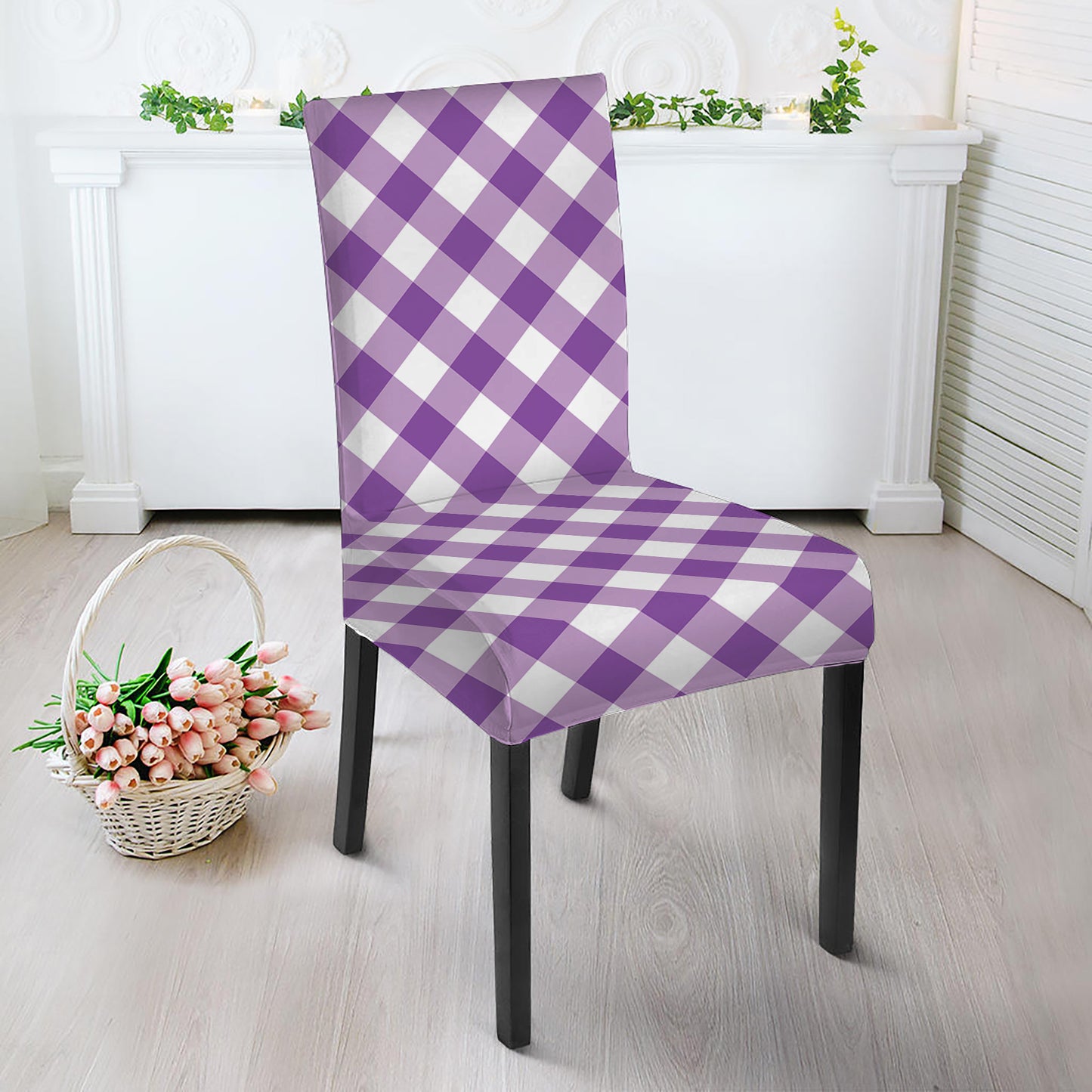Violet And White Gingham Pattern Print Dining Chair Slipcover