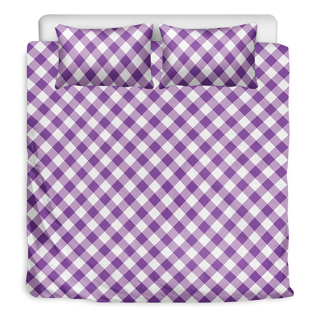 Violet And White Gingham Pattern Print Duvet Cover Bedding Set