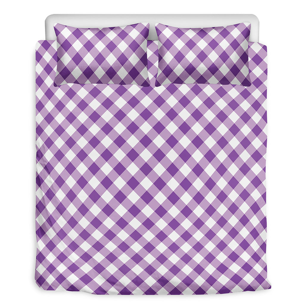 Violet And White Gingham Pattern Print Duvet Cover Bedding Set