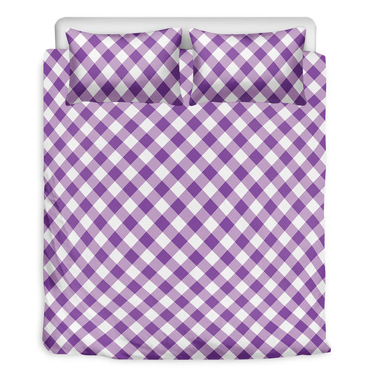 Violet And White Gingham Pattern Print Duvet Cover Bedding Set