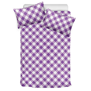 Violet And White Gingham Pattern Print Duvet Cover Bedding Set