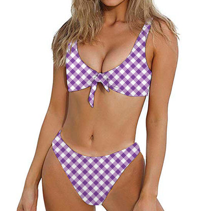 Violet And White Gingham Pattern Print Front Bow Tie Bikini