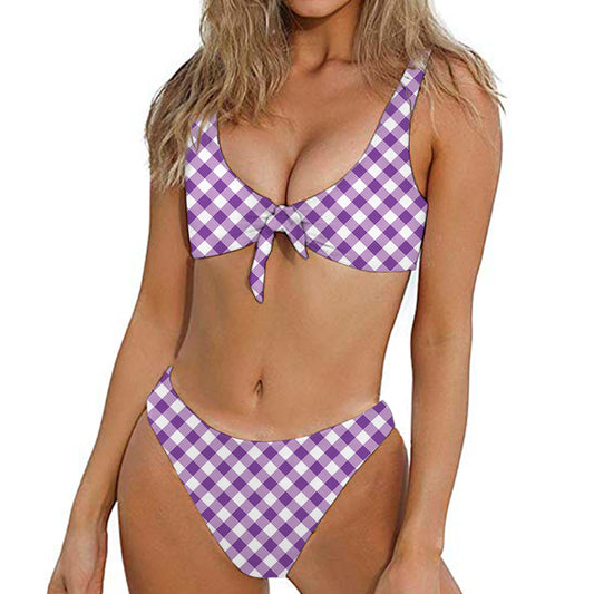 Violet And White Gingham Pattern Print Front Bow Tie Bikini