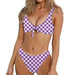 Violet And White Gingham Pattern Print Front Bow Tie Bikini