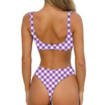 Violet And White Gingham Pattern Print Front Bow Tie Bikini