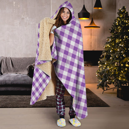 Violet And White Gingham Pattern Print Hooded Blanket