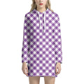 Violet And White Gingham Pattern Print Pullover Hoodie Dress