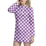 Violet And White Gingham Pattern Print Hoodie Dress
