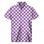 Violet And White Gingham Pattern Print Men's Short Sleeve Shirt