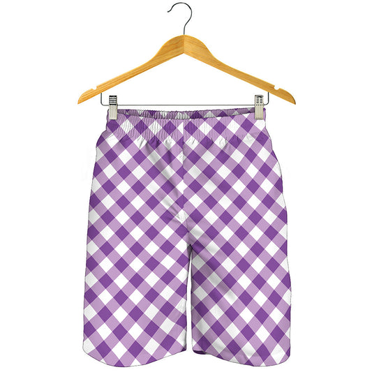 Violet And White Gingham Pattern Print Men's Shorts