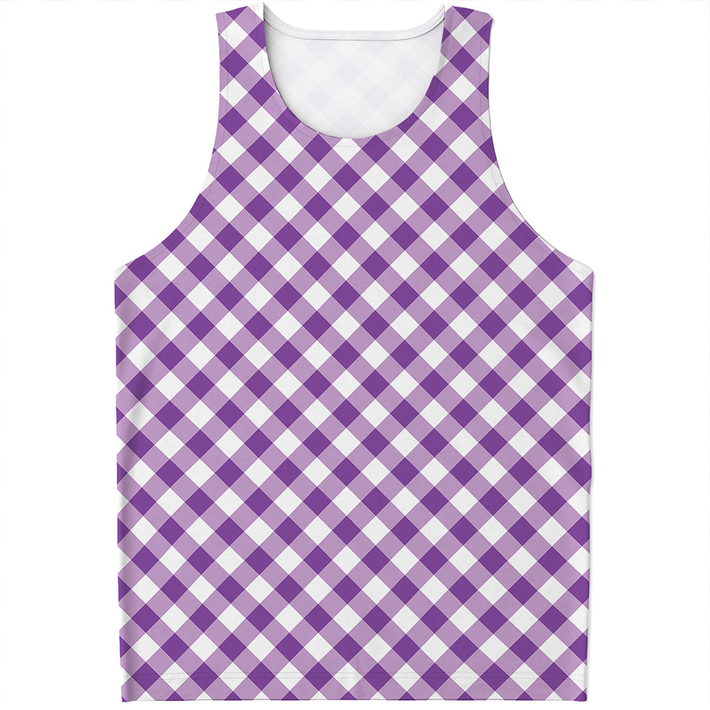 Violet And White Gingham Pattern Print Men's Tank Top