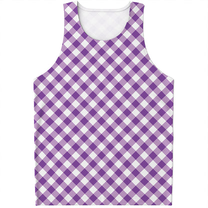 Violet And White Gingham Pattern Print Men's Tank Top